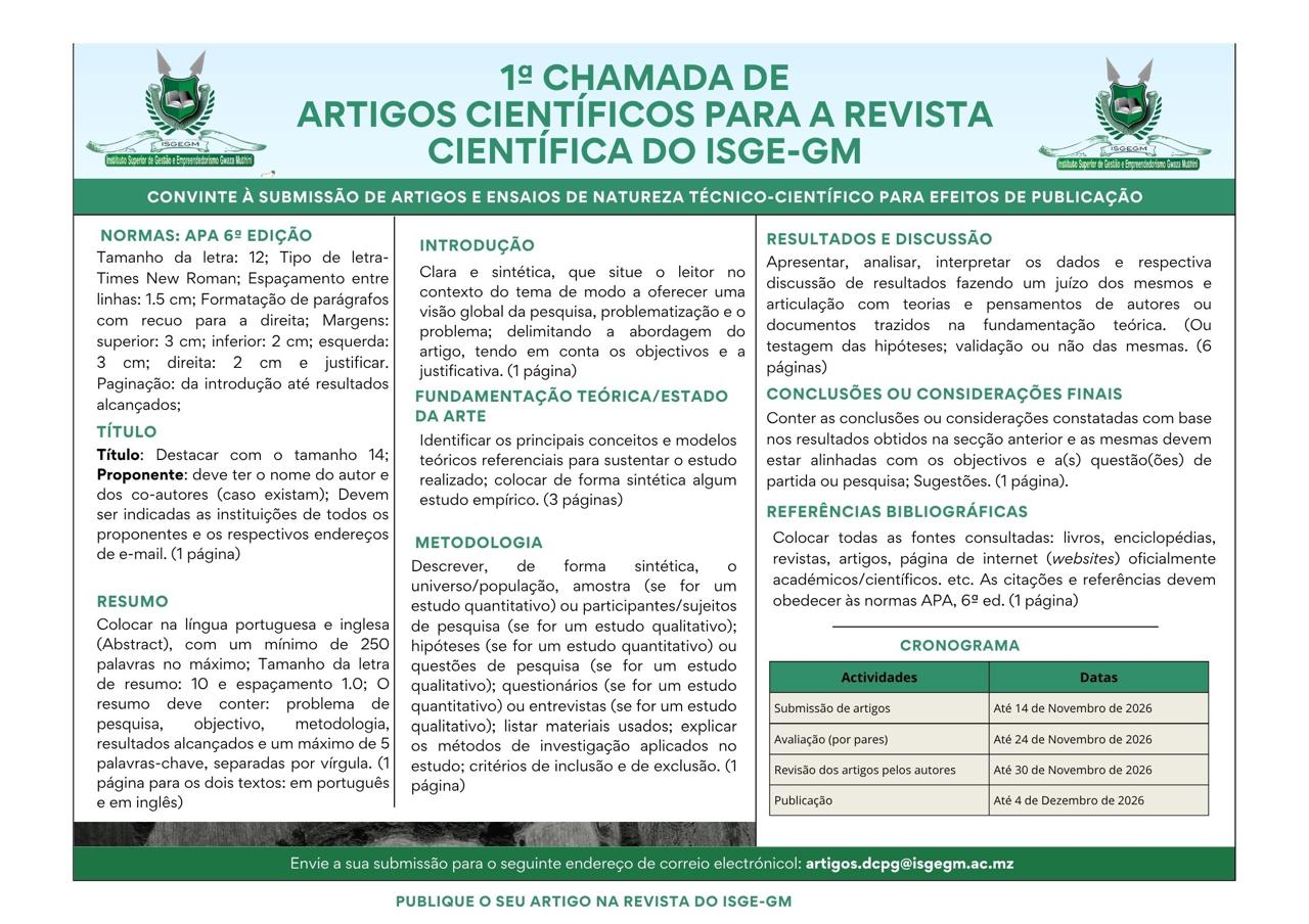 Cartaz da 1.ª chamada de artigos científicos do ISGE-GM Cartaz da 1.ª chamada de artigos científicos do ISGE-GM